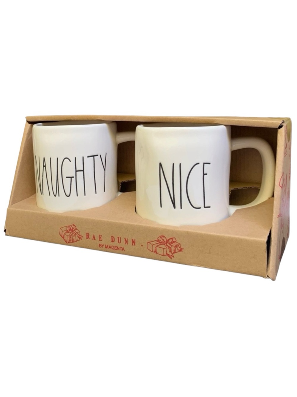 Rae Dunn NAUGHTY NICE Mug Set of 2 White Black Large Letters New 2017 OG